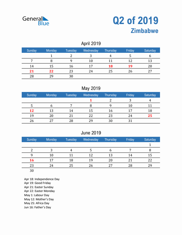 Zimbabwe 2019 Quarterly Calendar with Sunday Start