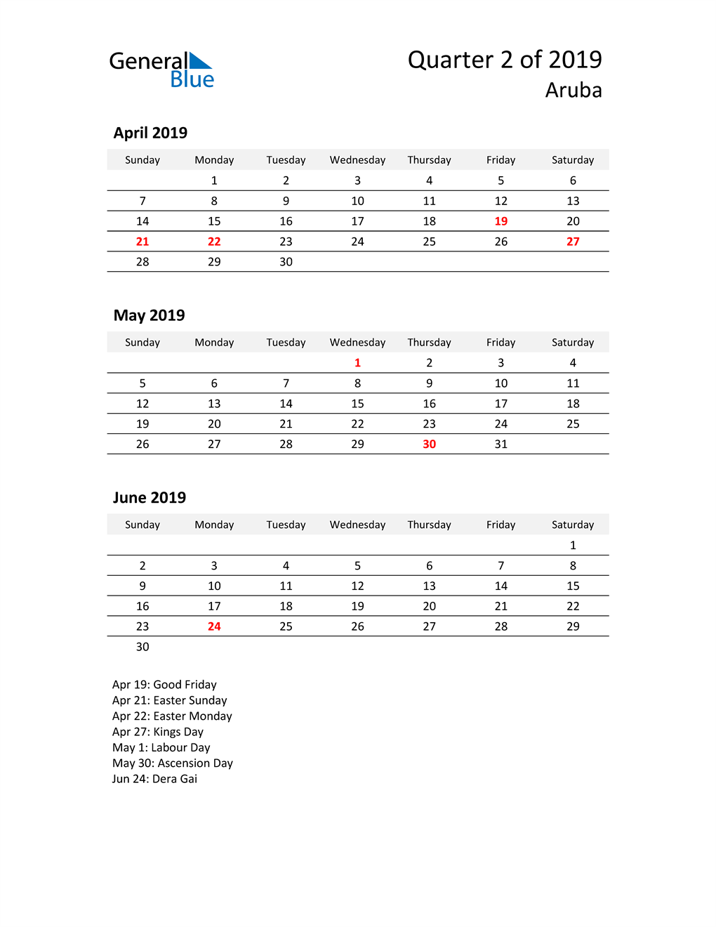 2019 Three-Month Calendar for Aruba