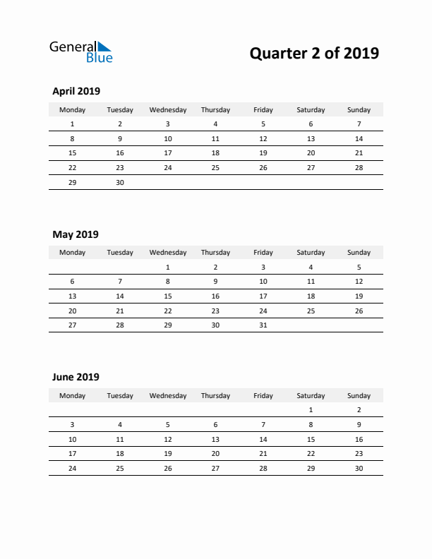 2019 Three-Month Calendar (Quarter 2)