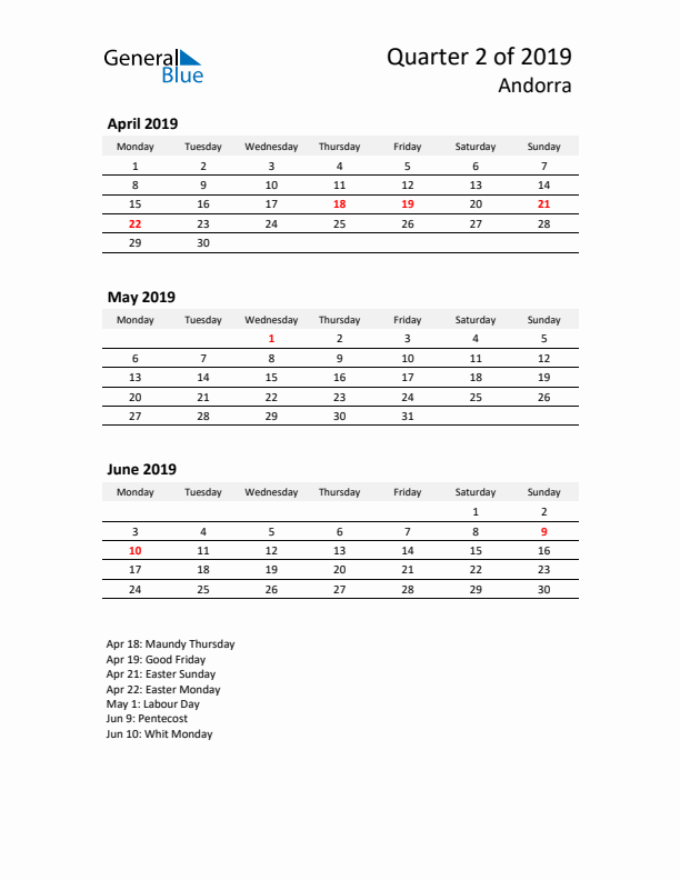 2019 Three-Month Calendar for Andorra