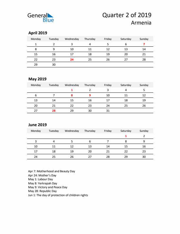 2019 Three-Month Calendar for Armenia