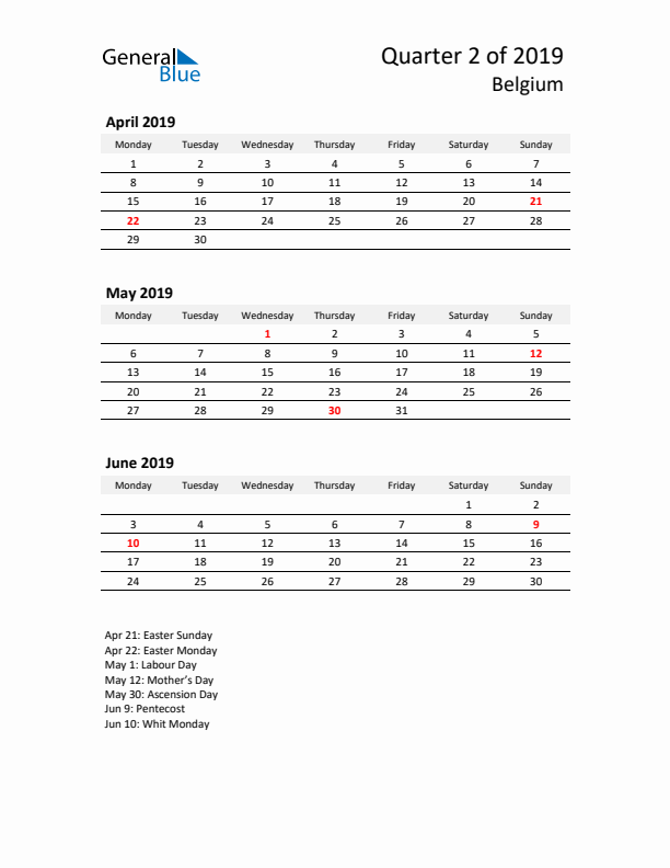2019 Three-Month Calendar for Belgium