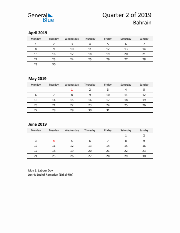2019 Three-Month Calendar for Bahrain