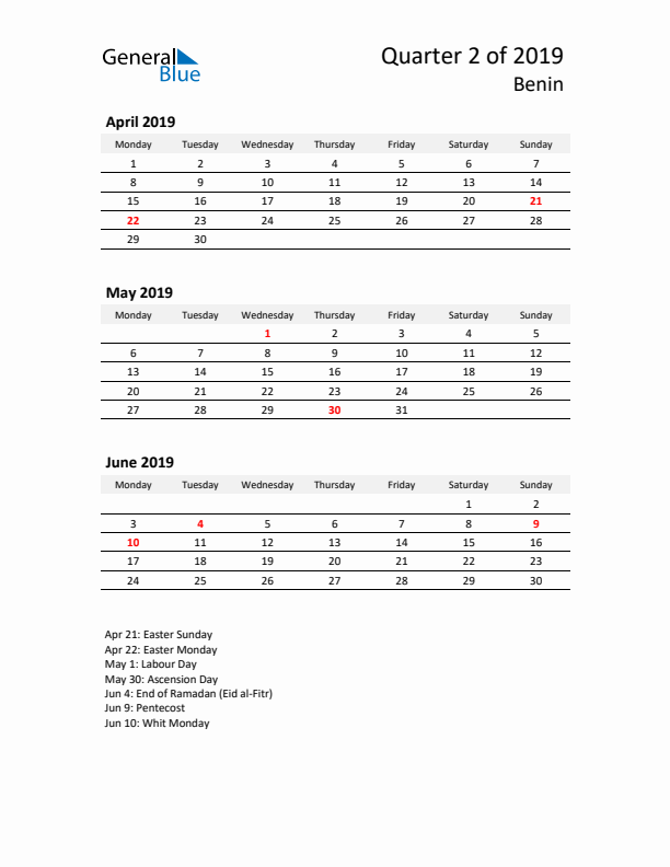 2019 Three-Month Calendar for Benin