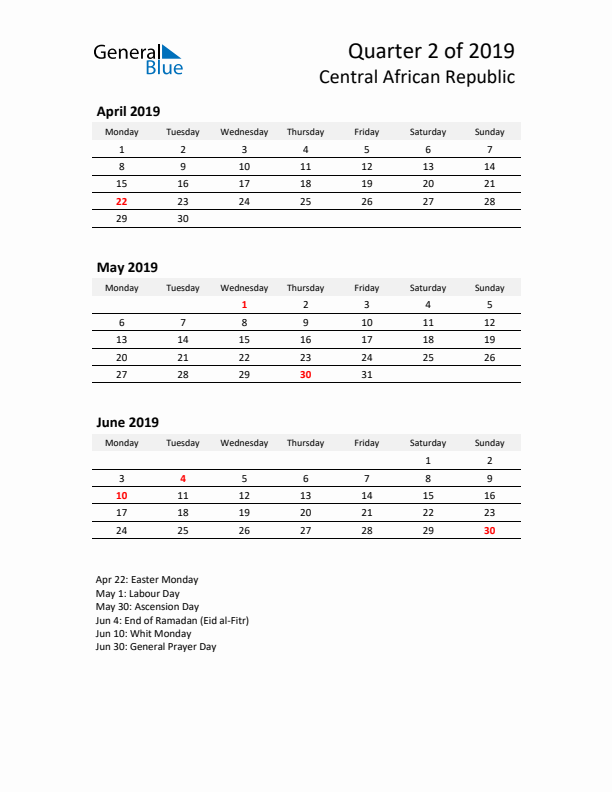 2019 Three-Month Calendar for Central African Republic