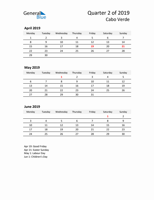 2019 Three-Month Calendar for Cabo Verde