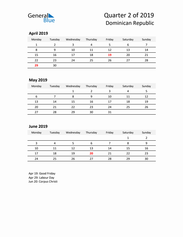 2019 Three-Month Calendar for Dominican Republic
