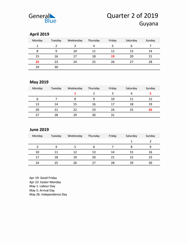 2019 Three-Month Calendar for Guyana