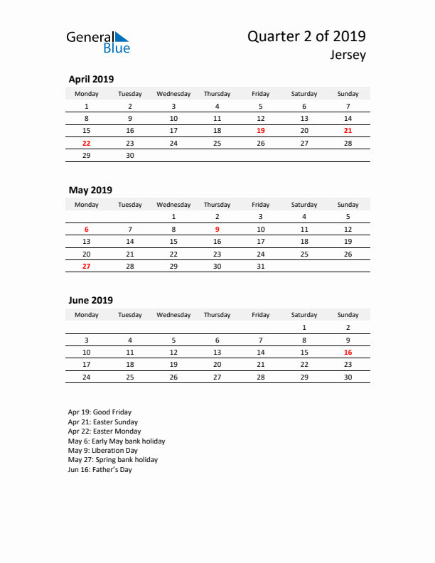 2019 Three-Month Calendar for Jersey