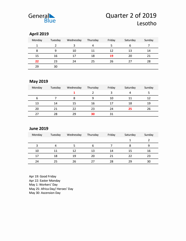 2019 Three-Month Calendar for Lesotho