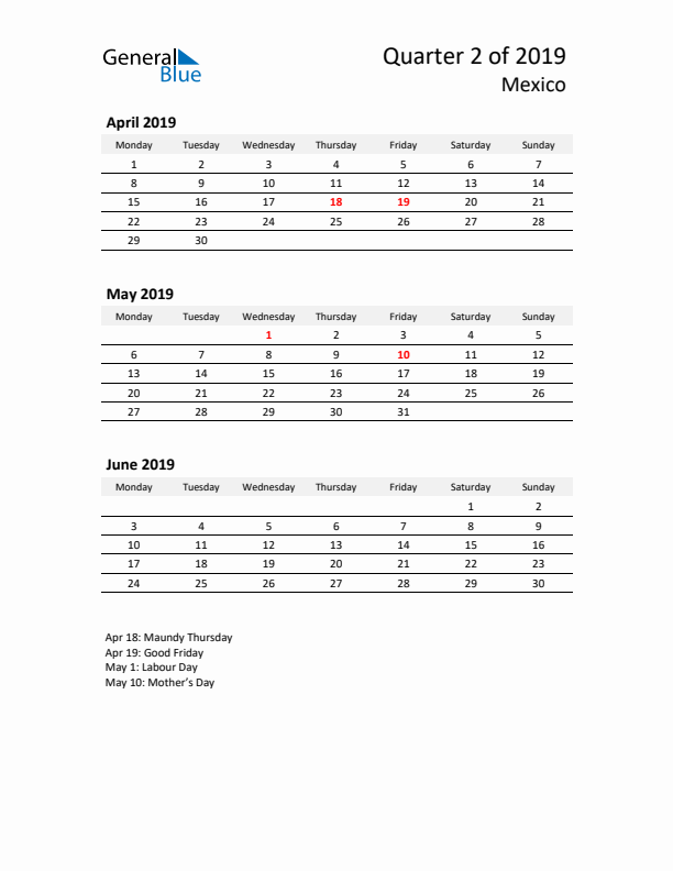 2019 Three-Month Calendar for Mexico