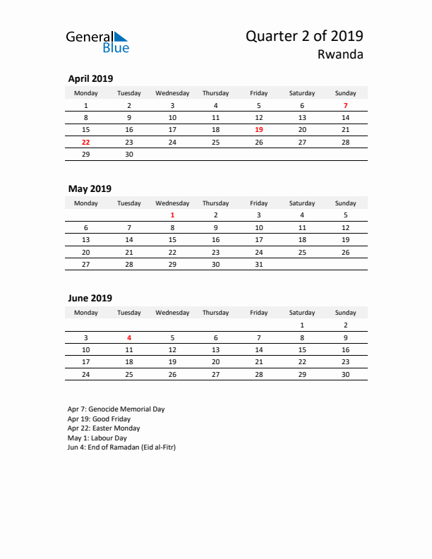 2019 Three-Month Calendar for Rwanda