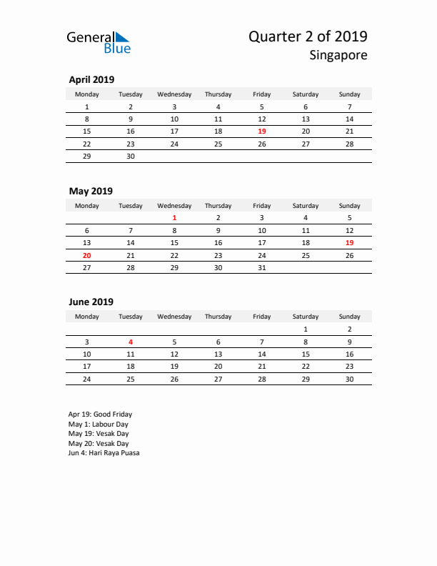 2019 Three-Month Calendar for Singapore
