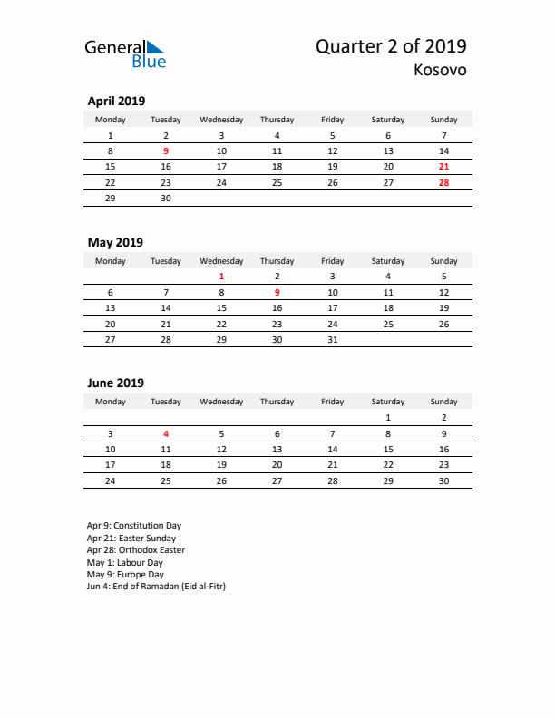 2019 Three-Month Calendar for Kosovo