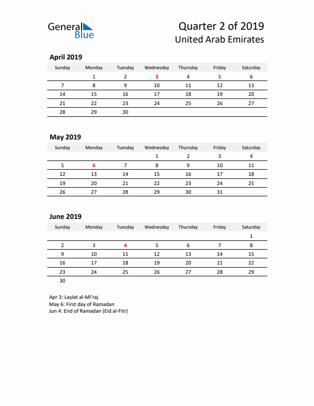 2019 Three-Month Calendar for United Arab Emirates