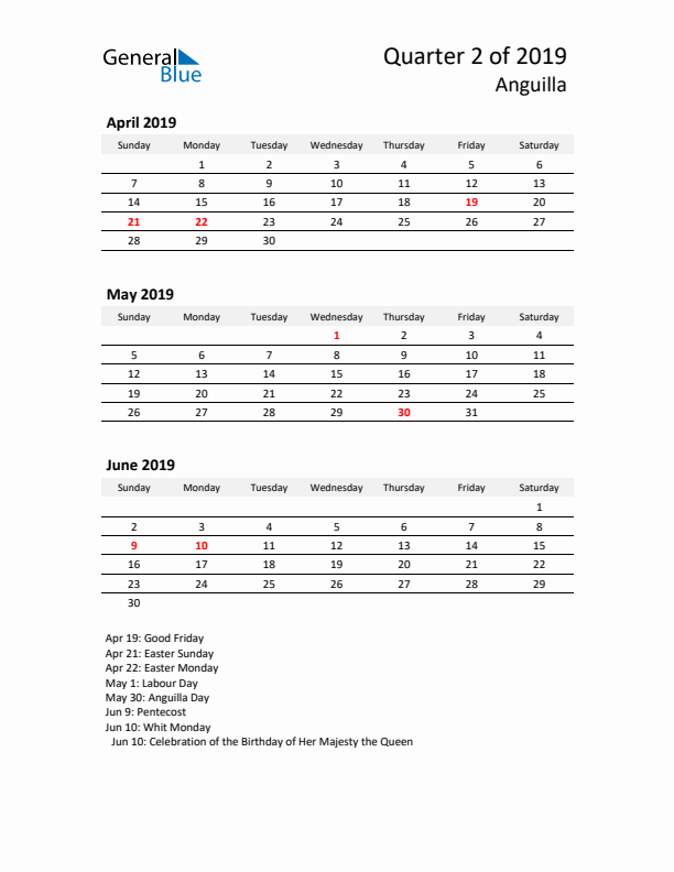 2019 Three-Month Calendar for Anguilla