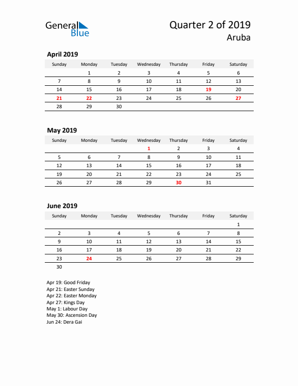 2019 Three-Month Calendar for Aruba