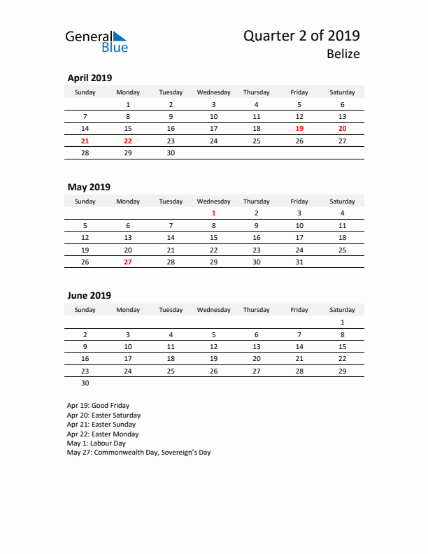 2019 Three-Month Calendar for Belize