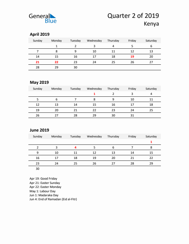 2019 Three-Month Calendar for Kenya