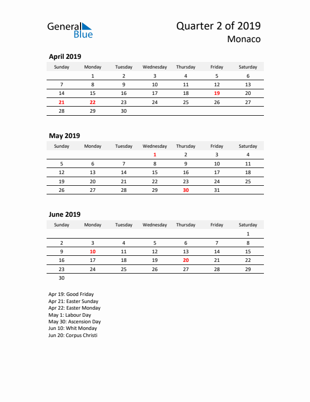 2019 Three-Month Calendar for Monaco