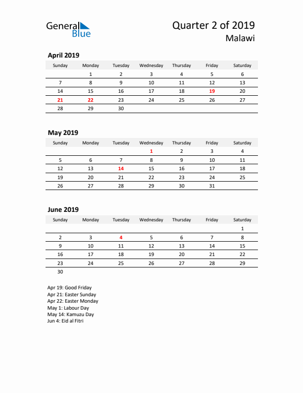 2019 Three-Month Calendar for Malawi