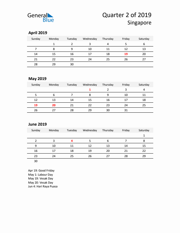 2019 Three-Month Calendar for Singapore