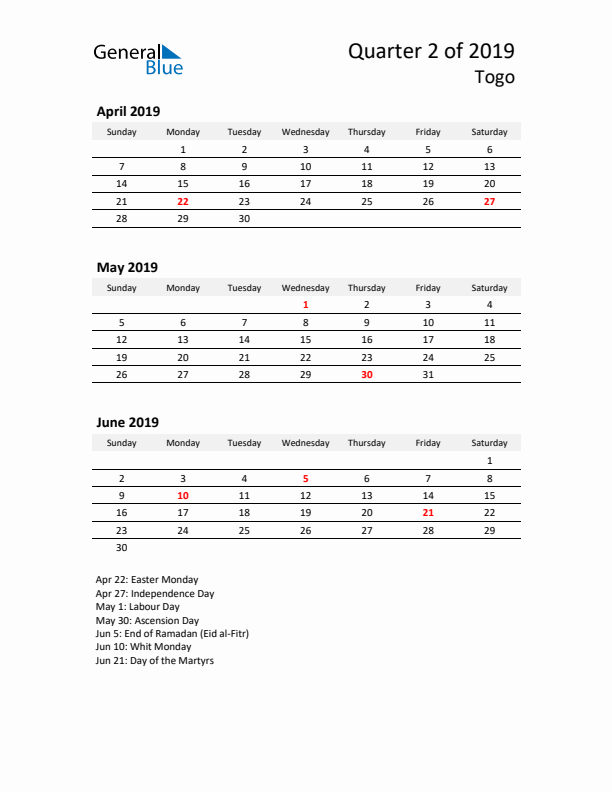 2019 Three-Month Calendar for Togo