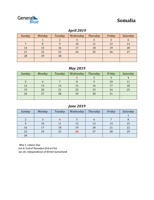  Q2 2019 Holiday Calendar - Somalia