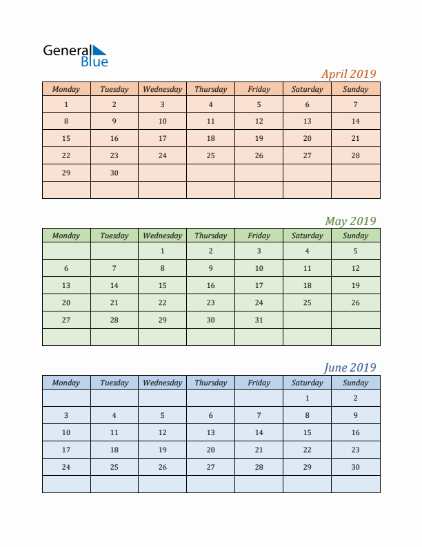 Three-Month Calendar for Year 2019 (April, May, and June)