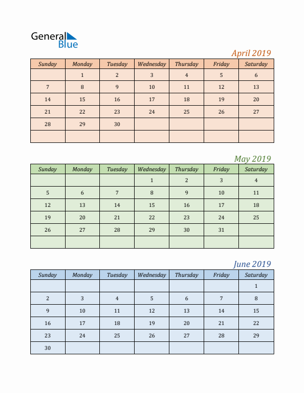 Three-Month Calendar for Year 2019 (April, May, and June)