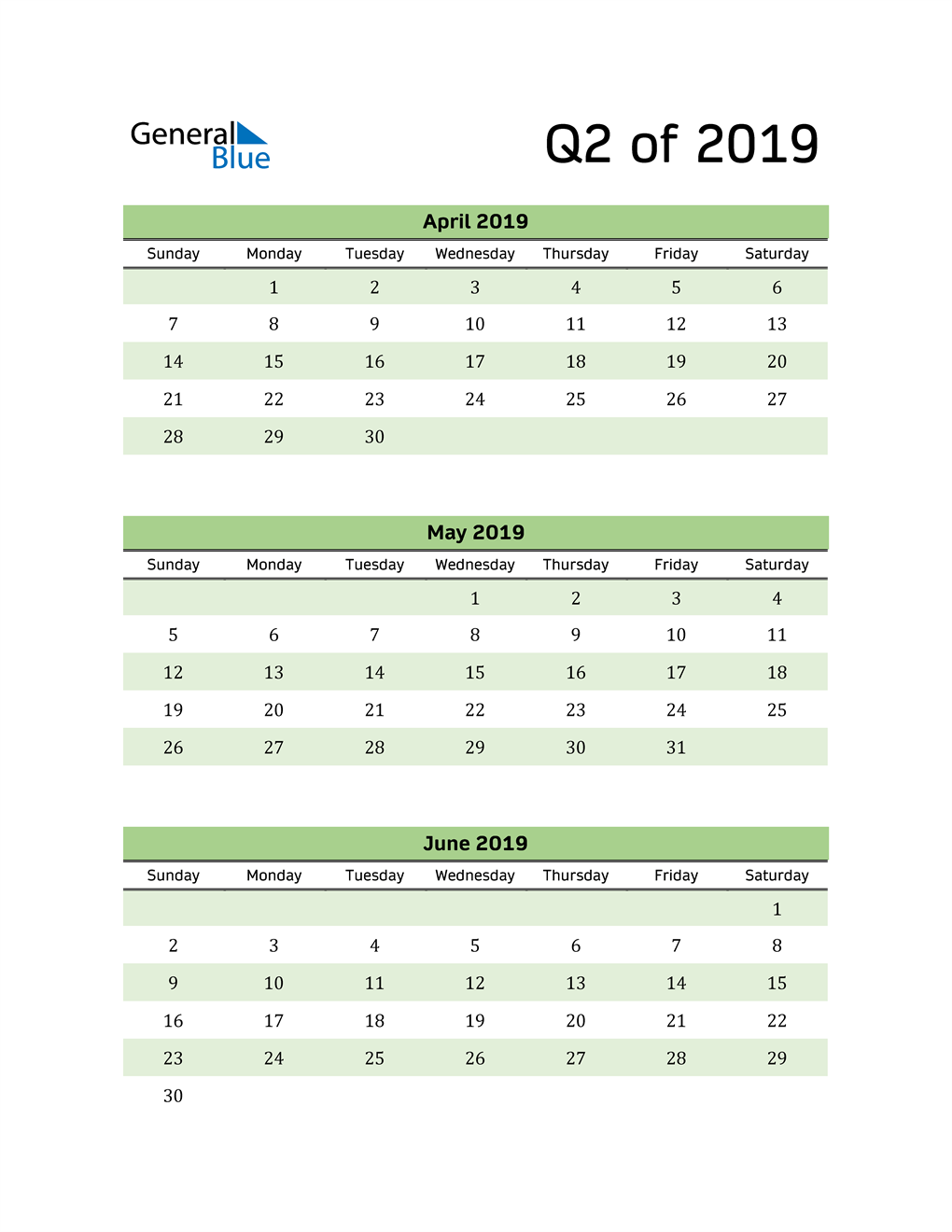  Printable Quarterly Calendar (Q2 2019)