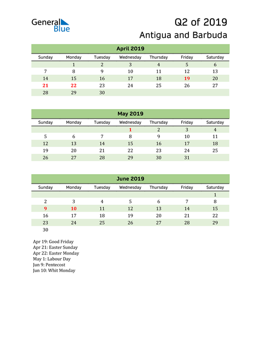 Quarterly Calendar 2019 with Antigua and Barbuda Holidays 