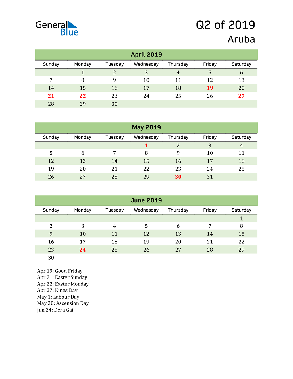  Quarterly Calendar 2019 with Aruba Holidays 