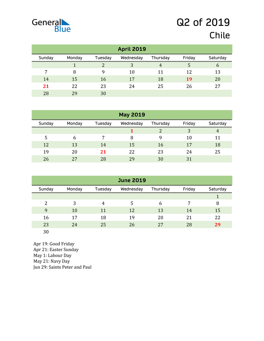  Quarterly Calendar 2019 with Chile Holidays 