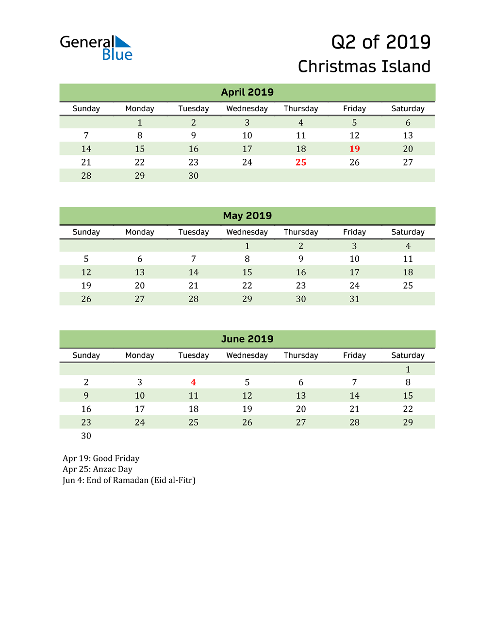  Quarterly Calendar 2019 with Christmas Island Holidays 