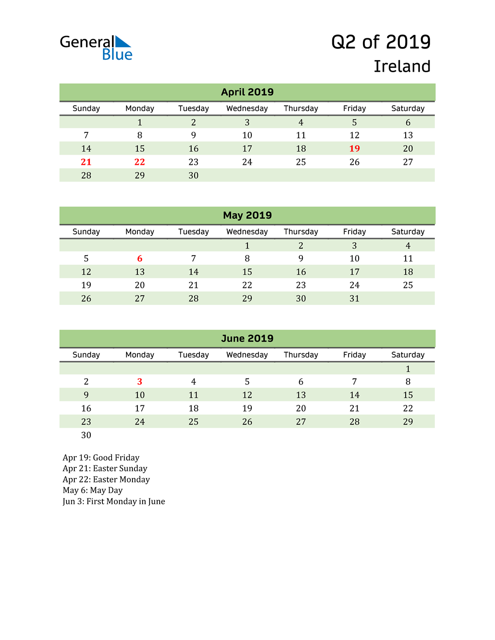  Quarterly Calendar 2019 with Ireland Holidays 
