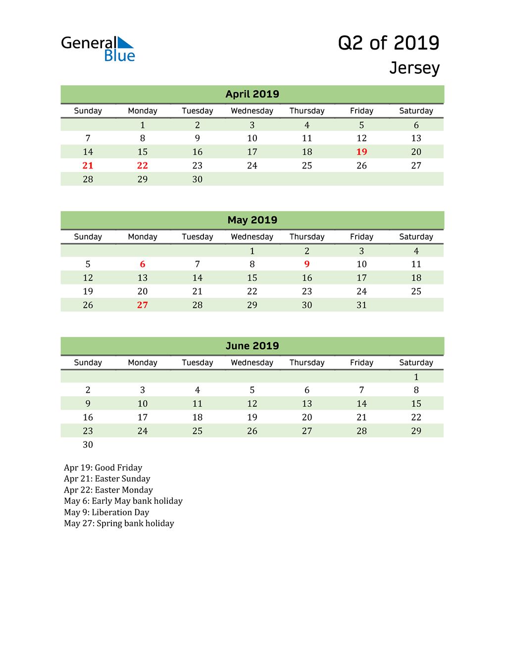  Quarterly Calendar 2019 with Jersey Holidays 