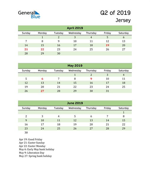  Quarterly Calendar 2019 with Jersey Holidays 