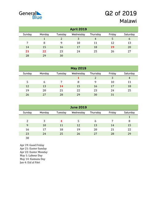  Quarterly Calendar 2019 with Malawi Holidays 