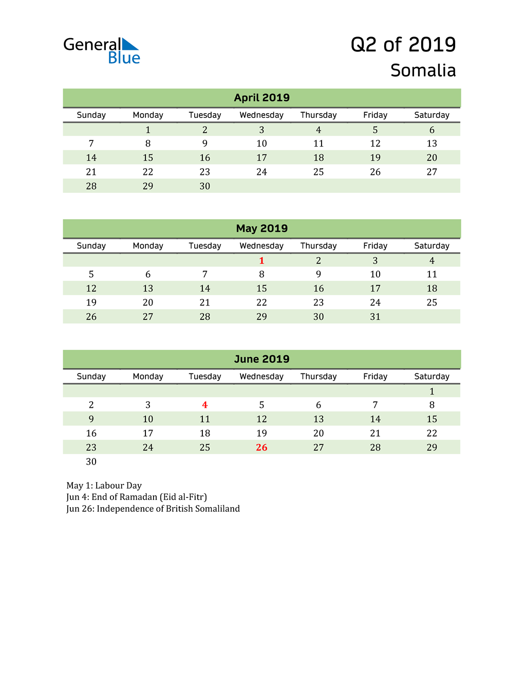  Quarterly Calendar 2019 with Somalia Holidays 
