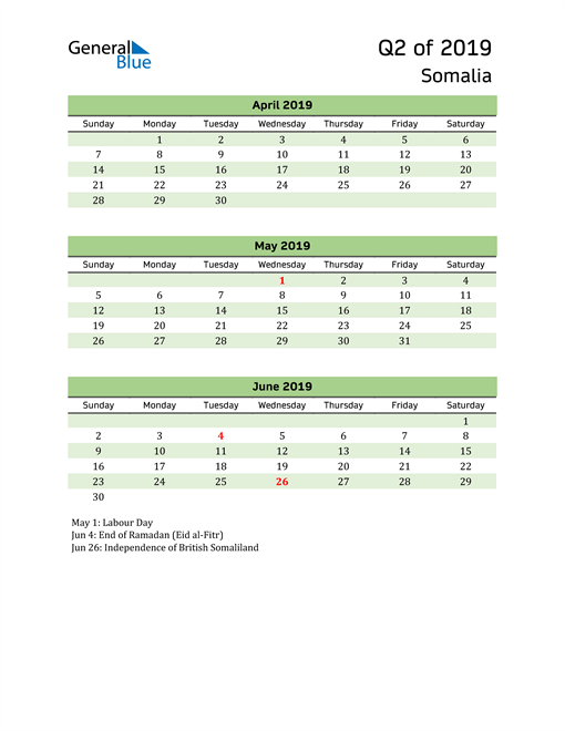  Quarterly Calendar 2019 with Somalia Holidays 