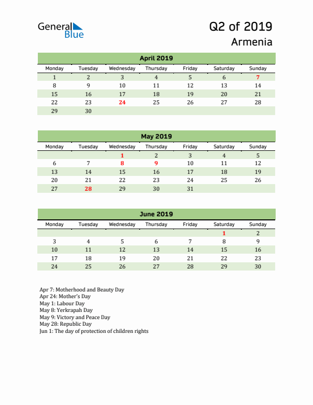 Quarterly Calendar 2019 with Armenia Holidays