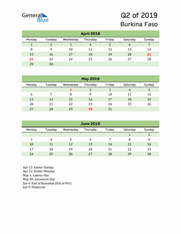 Quarterly Calendar 2019 with Burkina Faso Holidays