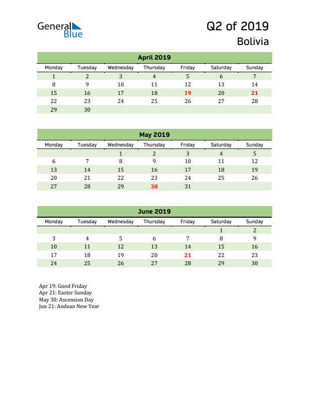Quarterly Calendar 2019 with Bolivia Holidays