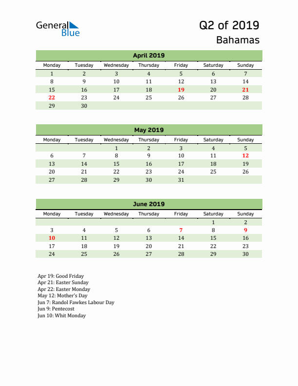 Quarterly Calendar 2019 with Bahamas Holidays