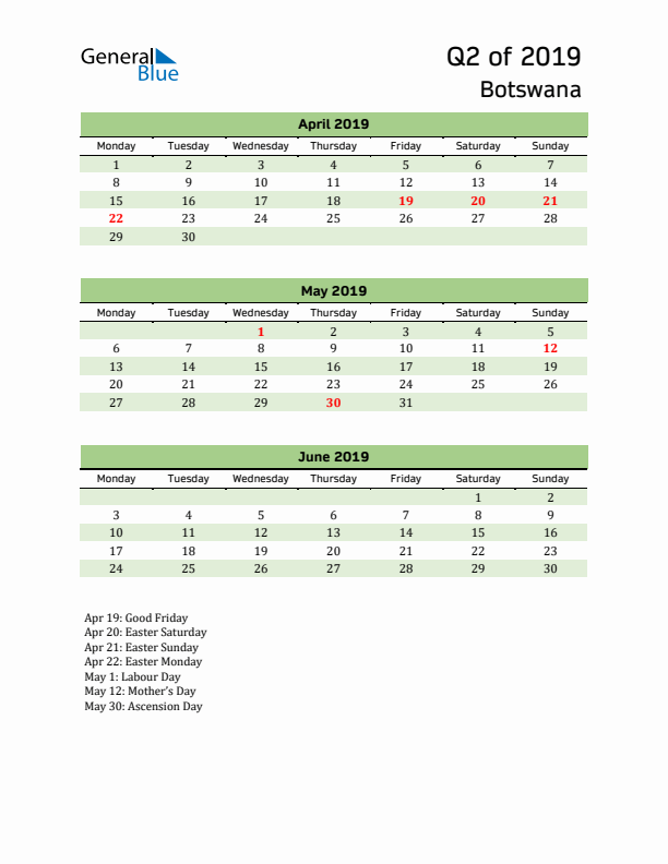 Quarterly Calendar 2019 with Botswana Holidays