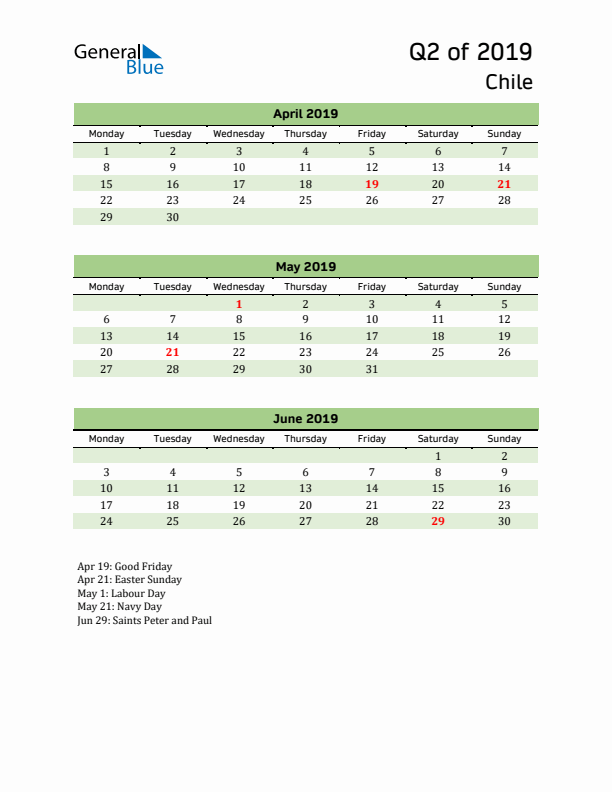 Quarterly Calendar 2019 with Chile Holidays