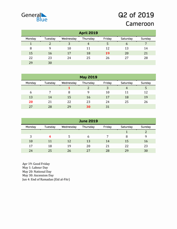 Quarterly Calendar 2019 with Cameroon Holidays
