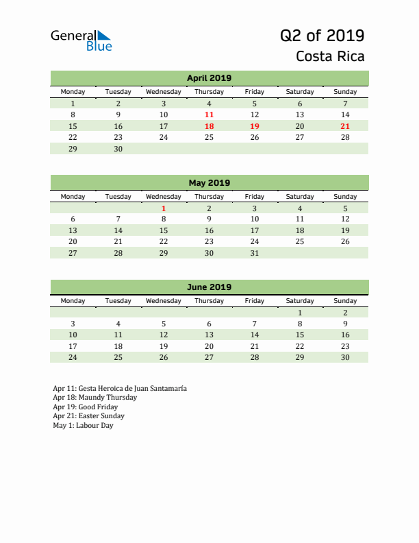 Quarterly Calendar 2019 with Costa Rica Holidays
