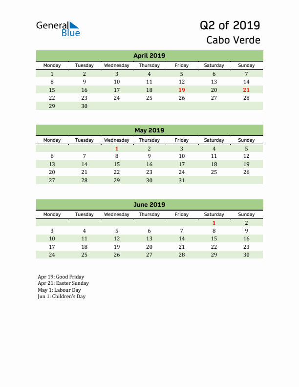 Quarterly Calendar 2019 with Cabo Verde Holidays